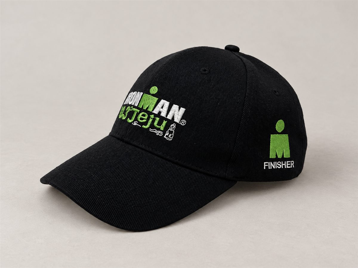 AI-styled presentation of a black embroidered finisher cap